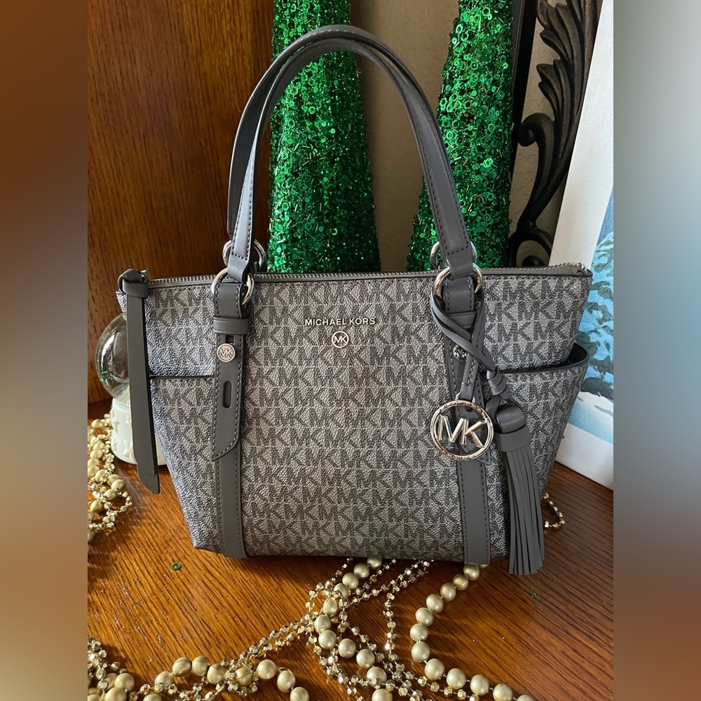 Michael Kors Gray Monogram Shoulder Bag with Tassel Charm